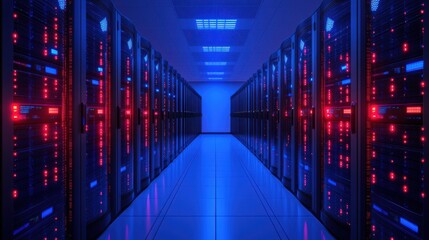 Sleek Data Center with Illuminated Server Racks