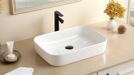 Fototapeta premium A stunning white square vessel sink features clean lines and modern styling, complemented by marble countertops and a touch of natural elements with a delicate plant