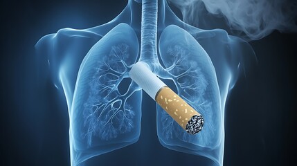 An x-ray image showing damaged lungs with a cigarette filter superimposed on one side