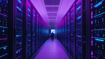 Obraz premium Rows of Servers in a Data Center with Neon Lighting