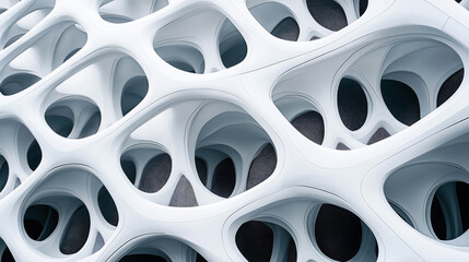 Abstract close-up of a futuristic architectural design featuring a complex, interlocking structure of white, curved, hollow forms creating an organic lattice pattern.