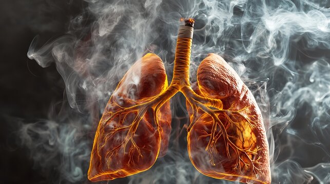 A close-up of an anatomical model of lungs with smoke swirling around it from a nearby cigarette