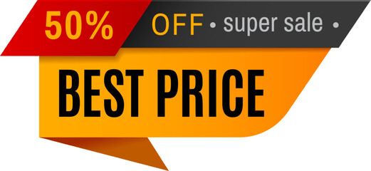 Fototapeta premium Vibrant yellow and red banner proudly proclaims a super sale with the best price, offering a fifty percent discount. Don t miss out on this amazing deal.