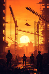A group of construction workers, standing in the foreground, surrounded by towering cranes and steel beams under an orange sunset sky.