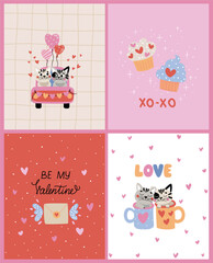 A set of vector illustrations featuring cute, love-struck cats. Perfect for Valentine’s Day cards, wedding invitations, social media, greeting cards, apparel, and any romantic-themed projects.