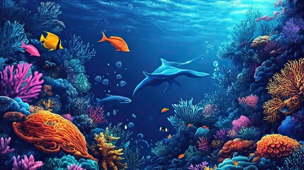 Colorful Underwater Scene with Fish and Coral Reef