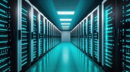 Futuristic Data Center with Glowing Server Racks