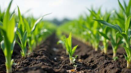 A close-up of a vibrant young corn plant thriving in rich, dark soil, symbolizing growth and agriculture under natural sunlight.