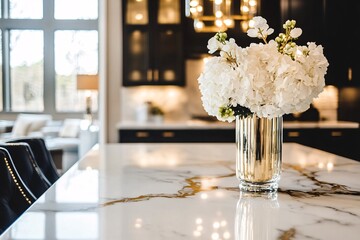 White Hydrangea Flowers in Gold Vase on Marble Kitchen Counter