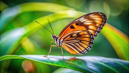 Macro photography of butterfly on leaf and grass with leading lines