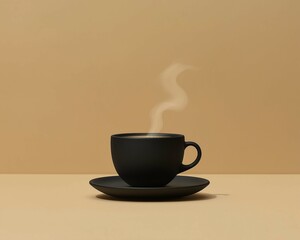 Obraz premium Simple Black Coffee Cup with Steam on Neutral Background
