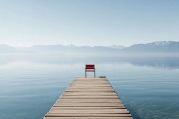 Red Chair on Wooden Dock with Mountain Lake View - Powered by Adobe