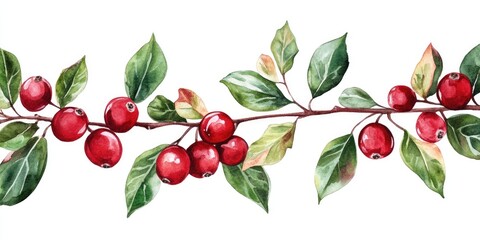 Watercolor Cranberry Composition. Fresh Red Berries and Green Leaves with Branch on White Background
