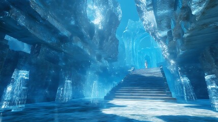 Obraz premium A serene ice cavern with stairs leading to a distant figure, illuminated by ethereal blue light.