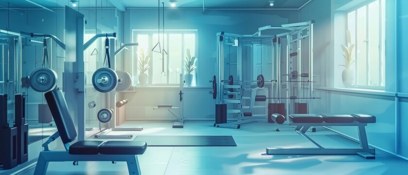 Image of a bright, spacious gym with various fitness equipment, large windows, dark brown tiles, and mirrors. Features pull-up bar, med ball, weights, and diverse tools for workouts.