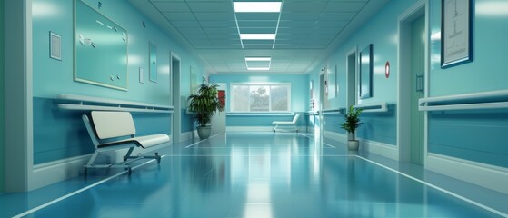 A blue hospital corridor with doors, plants, and medical ads. Brightened by natural light, it exudes a clinical, clean atmosphere typical of a medical facility.