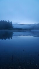 Fototapeta premium A serene lake with pine trees, reflected sky, and misty hills creates a tranquil, mysterious atmosphere enveloped in fog, symbolizing a deep bond with nature.