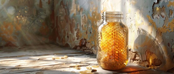 A rustic scene with a honey-filled jar, bees, and a wooden table. The setting includes peeling paint on a wall, creating a vintage vibe.