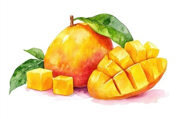 Watercolor Mango Fruit and Cubes Illustration on White Background