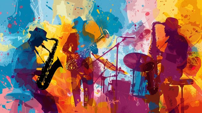 Vibrant poster shows four musicians in silhouette performing live with saxophones and trombones against an energetic backdrop, capturing a dynamic musical atmosphere.