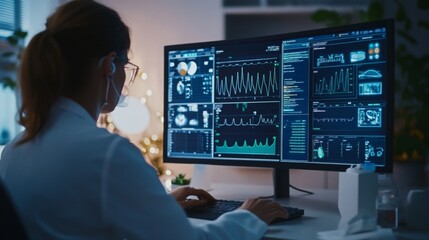 A focused analyst examines detailed data visuals on dual screens during a late-night work session.