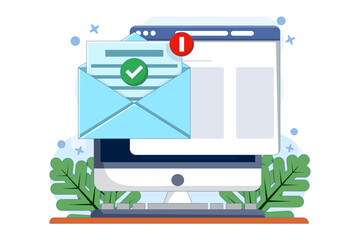 Concept of check mark notification on approved email message, online document on laptop computer, or digital letter successfully confirming application, verified document.