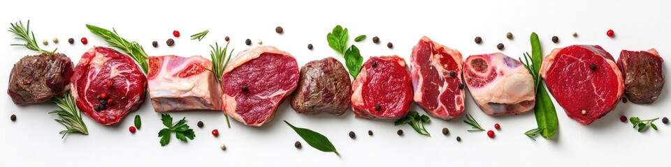 Watercolor Painting of Fresh Raw Meat Ingredients on White Surface