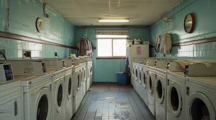 Obraz premium Empty laundromat with blue-green walls, rows of washing machines, mirror, clothes rack, trashcan, and a cell phone. No laundry or people present.