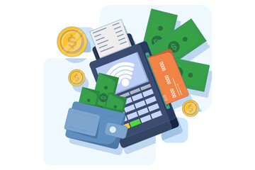 Digital money concept, wallet, transaction, technology, online payment, mobile payment, save money digitally, transfer app, flat illustration vector template on background.