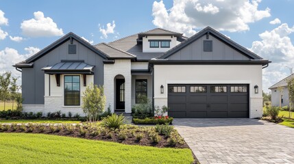 Fototapeta premium Clean-lined gray and white exterior of a modern home, with a contrasting dark garage door, and manicured plants at the entry.