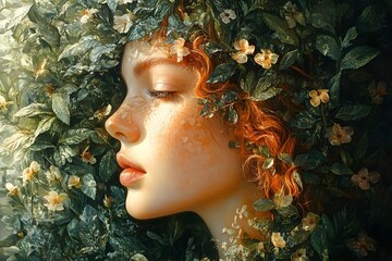 Portrait of a person whose hair seamlessly flows into a lush, vibrant forest