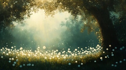 Obraz premium Magical Forest with Dandelion Meadow and Sunbeams