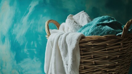 Close-up of a laundry basket filled with turquoise and white towels, capturing a fresh, clean feeling with an aqua background.