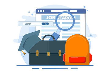 job search concept. new graduates looking for job information. job search and recruitment. websites and services. graduates with search bar. flat vector illustration on background.