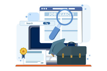 job search concept. new graduates looking for job information. job search and recruitment. websites and services. graduates with search bar. flat vector illustration on background.