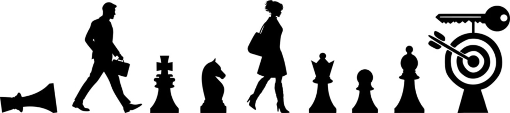Vektor Silhouetten Mann und Frau auf dem Weg zum Schl&uuml;ssel - Ziel: Der Schl&uuml;ssel zum Gl&uuml;ck - Taktik und Strategie mit Schachfiguren - Business und Gesellschaft