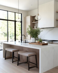 Fototapeta premium A modern, open-concept kitchen with a large, central island featuring a built-in cooktop and ample counter space for food preparation. 3D render.