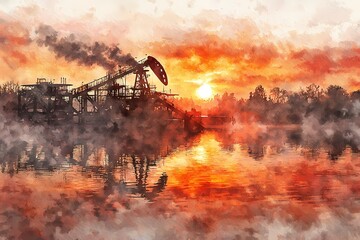 Naklejka premium Silhouetted Oil Rig Machinery at Sunrise
