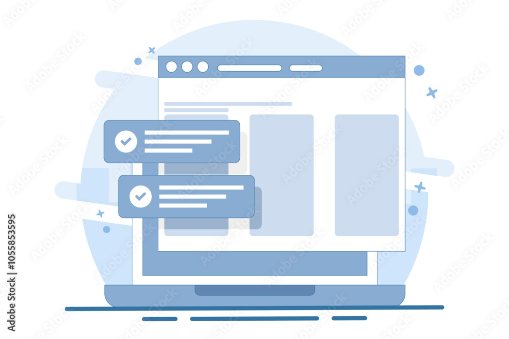 Poster website success notification concept with check mark, web updated task list with check mark on lapto