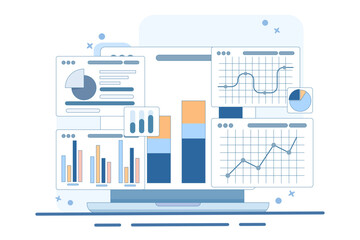 Performance monitoring concept. Research results and data analysis. Dashboard displaying growth data and statistical graphs. Device with financial reports on the screen. Flat vector illustration.