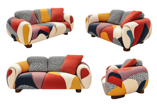 Colorful couch with a variety of patterns and colors. The couch is made up of different pieces of fabric, and it has a unique and eclectic design on transparent background cutout, PNG file.