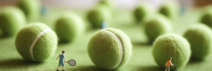 Miniature Tennis Players on a Field of Green Tennis Balls