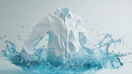 Photo of a white shirt in a blue detergent basin, displayed on a clean white background in 3D.