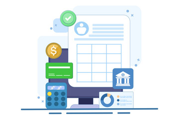 Concept of Managing financial transactions online, Cloud based accounting software, Internet banking, Tax management software, vector illustration background with icons.