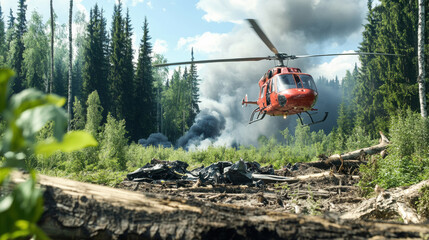 Naklejka premium Helicopter in Action Above Smoke and Forested Landscape