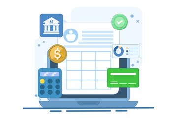 Concept of Managing financial transactions online, Cloud based accounting software, Internet banking, Tax management software, vector illustration background with icons.