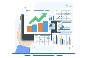 Performance monitoring concept. Research results and data analysis. Dashboard displaying growth data and statistical graphs. Device with financial reports on the screen. Flat vector illustration.
