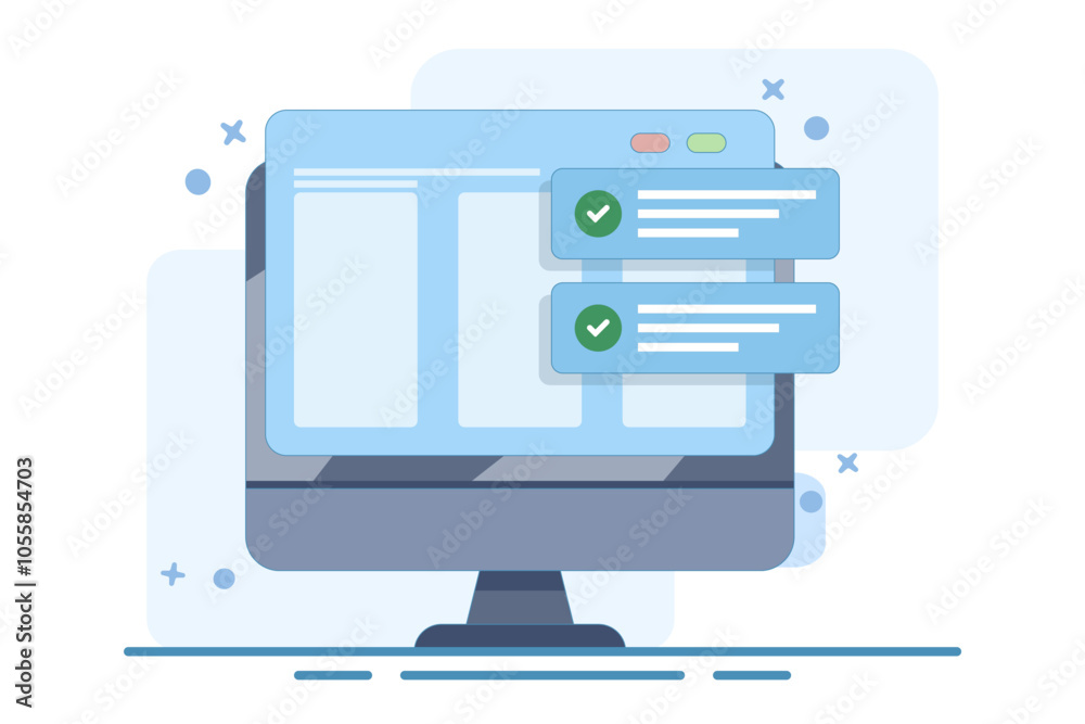 Fototapete Website success notification concept with check mark, web updated task list with check mark on laptop computer flat cartoon vector, internet online digital check on pc report. Vector illustration.