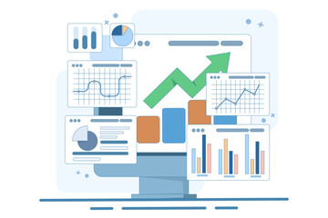 Performance monitoring concept. Research results and data analysis. Dashboard displaying growth data and statistical graphs. Device with financial reports on the screen. Flat vector illustration.