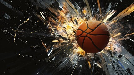 An abstract digital artwork featuring the silhouette of a basketball, dynamic lighting effects, and a dramatic explosion effect